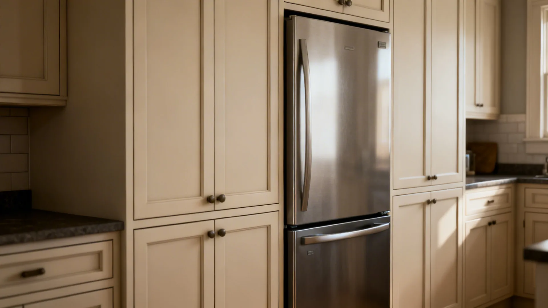 Panel-ready integrated refrigerator and dishwasher creating a seamless cabinetry look in a small kitchen
