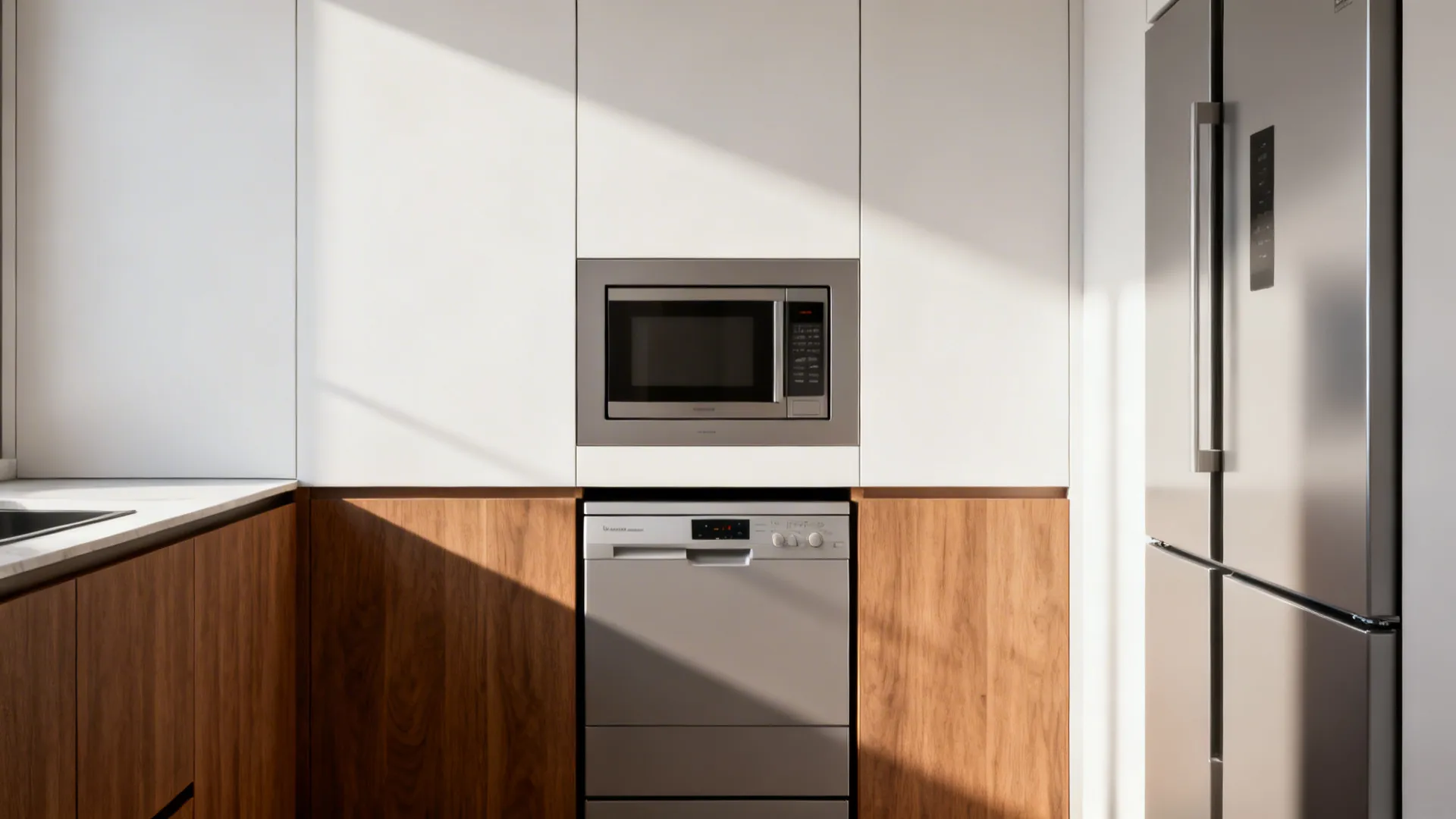 Undercounter microwave and drawer dishwasher integrated into seamless cabinetry for calm sightlines.