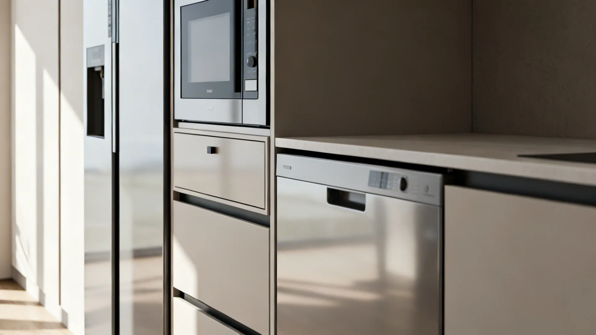Integrated undercounter appliances and flush cabinetry creating a streamlined look in a small kitchen.