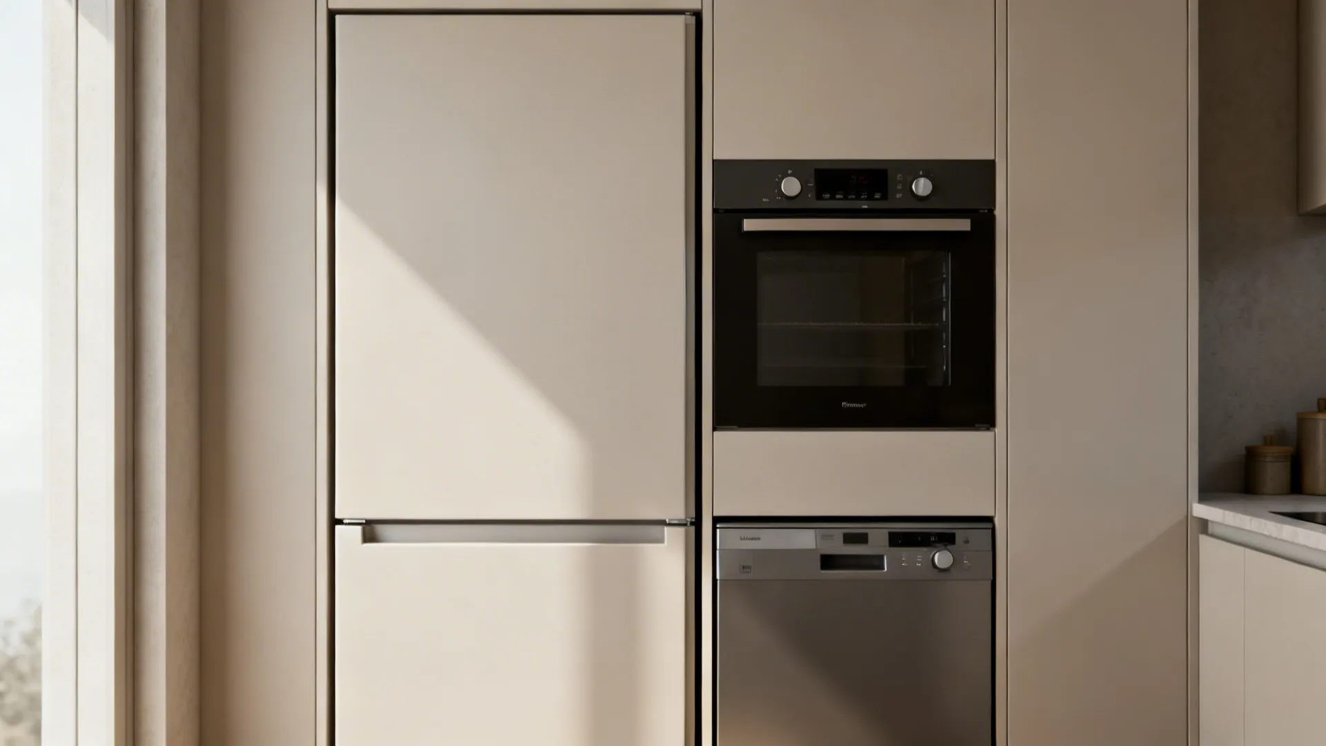 Integrated slimline kitchen appliances flush with cabinetry for clean sightlines