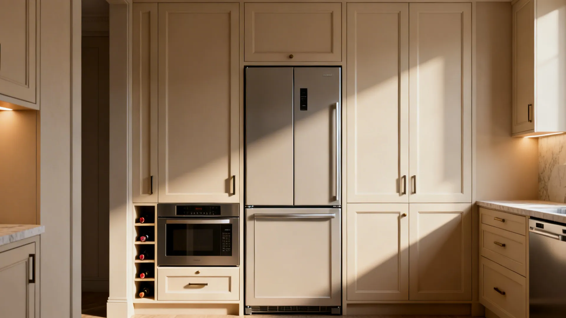 Integrated panel-ready appliances and open under-counter niches for a clean kitchen look.