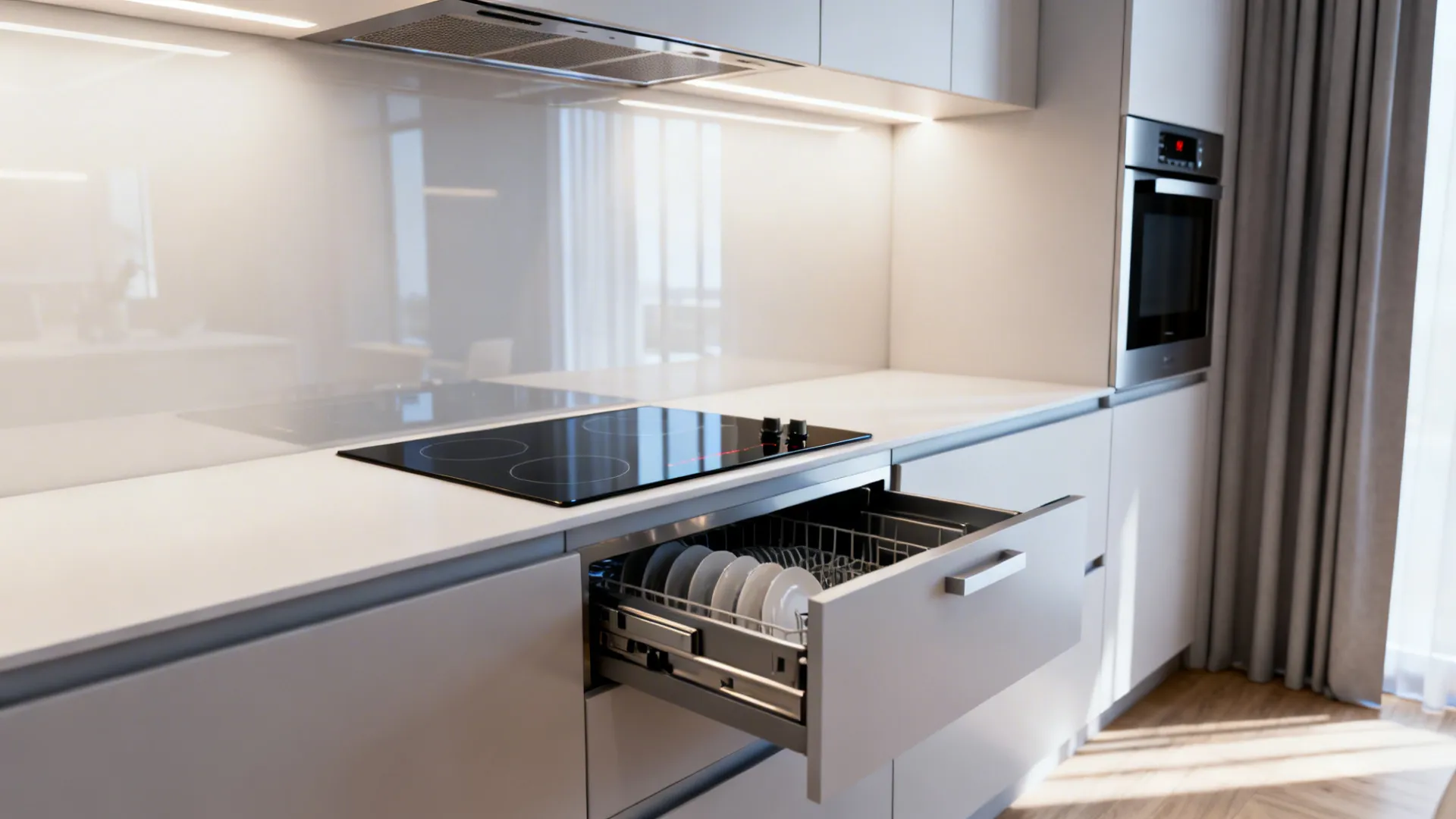 Compact kitchen with integrated induction cooktop, microwave drawer and dish drawer for clean multifunctional zones.