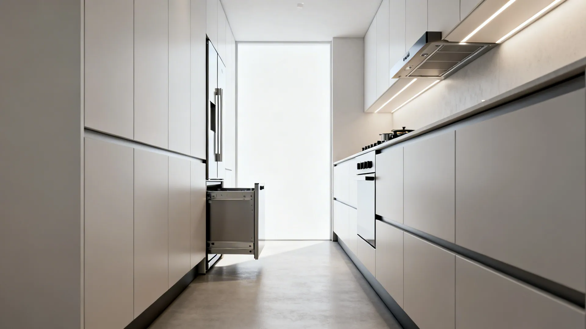 Narrow kitchen with integrated slimline fridge and drawer dishwasher for saved walkway space