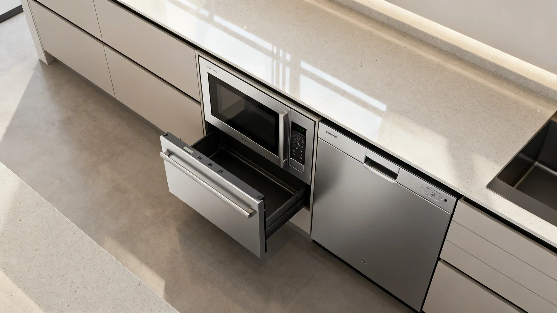 Integrated microwave drawer and compact dishwasher with shallow depth countertop