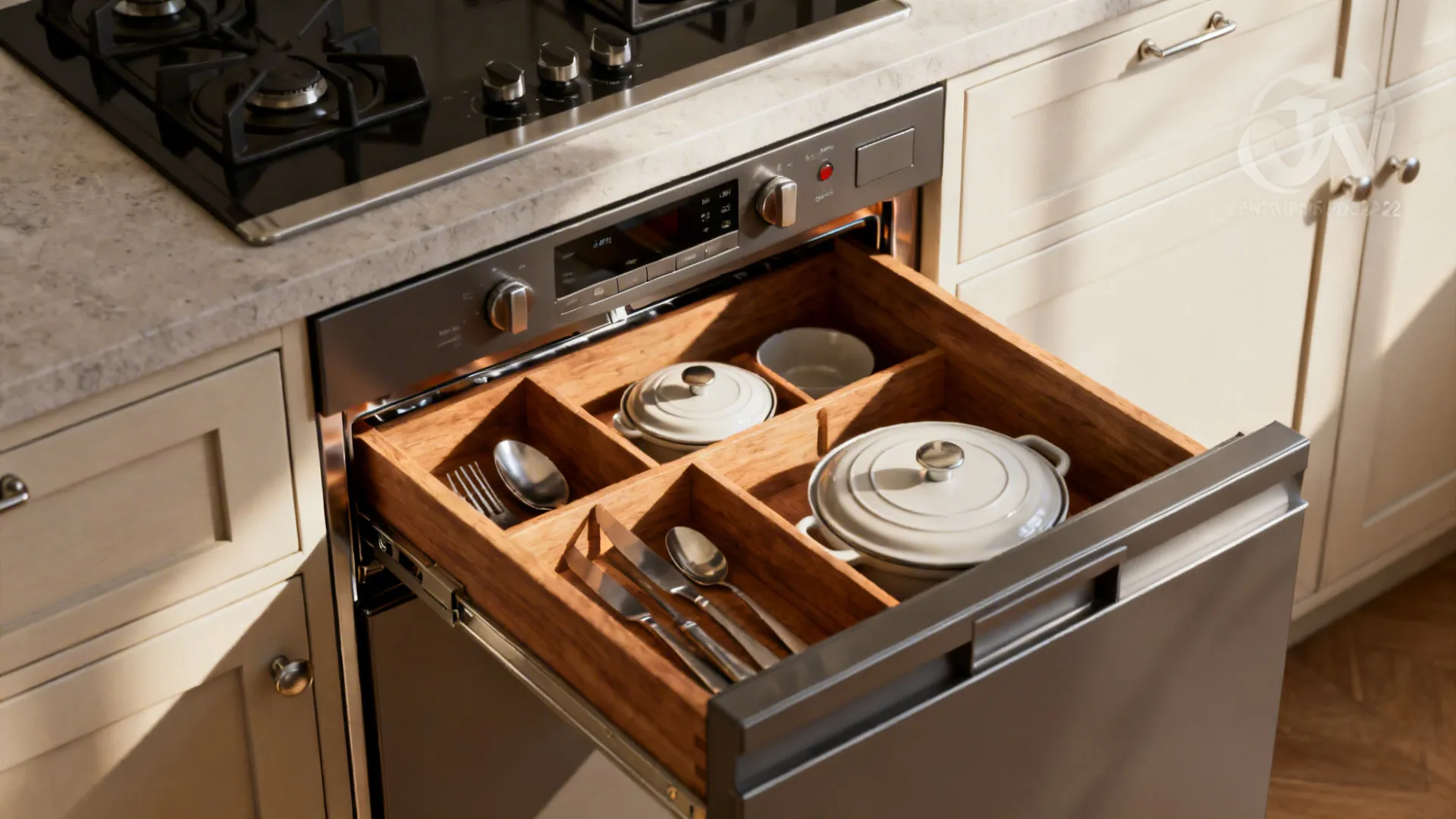 Integrated appliance front beside a neatly organized utensil drawer under the cooktop