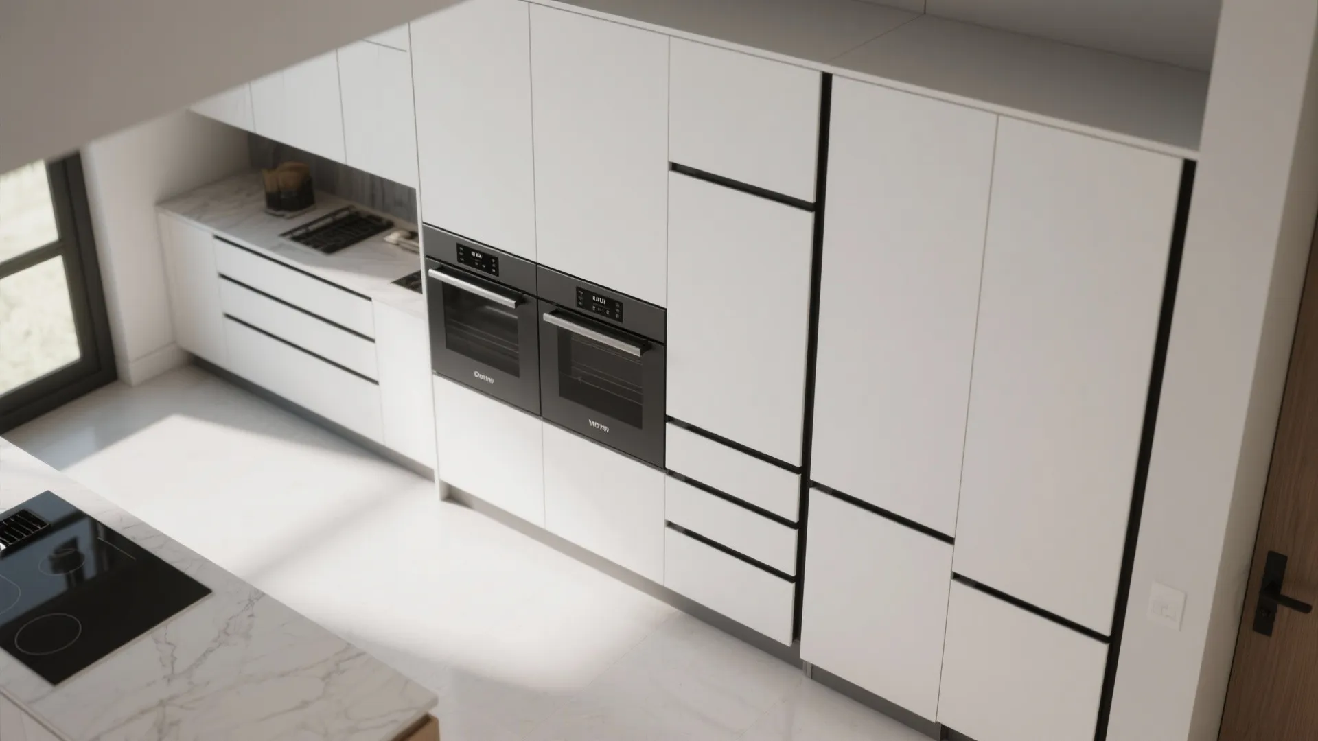 Kitchen layout with integrated appliances behind white panels and continuous black handles for a seamless look