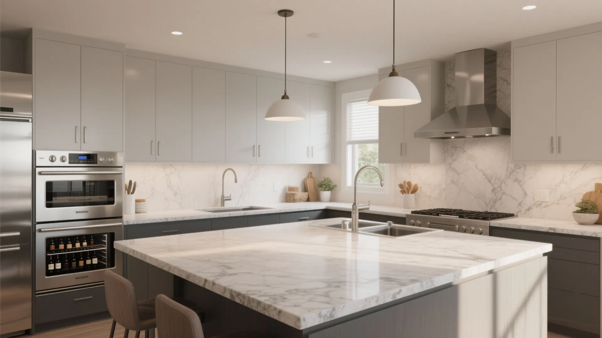 Kitchen island with integrated oven and wine fridge