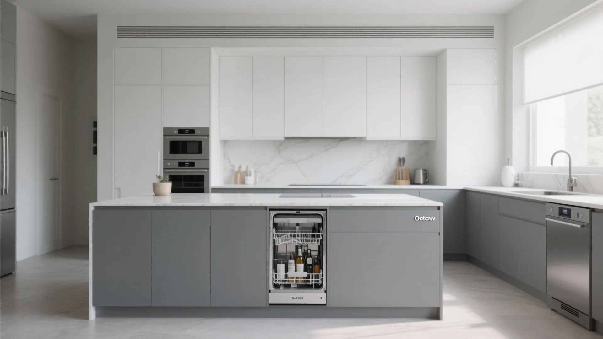 5. Integrated Appliances in a Gray Island with White Doors