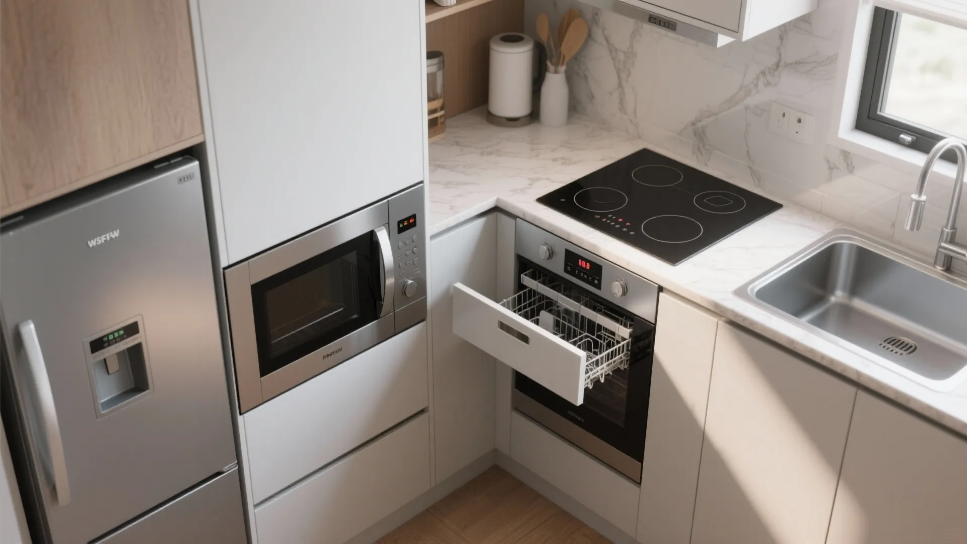 Small kitchen with integrated appliances including microwave, fridge drawers, and induction cooktop