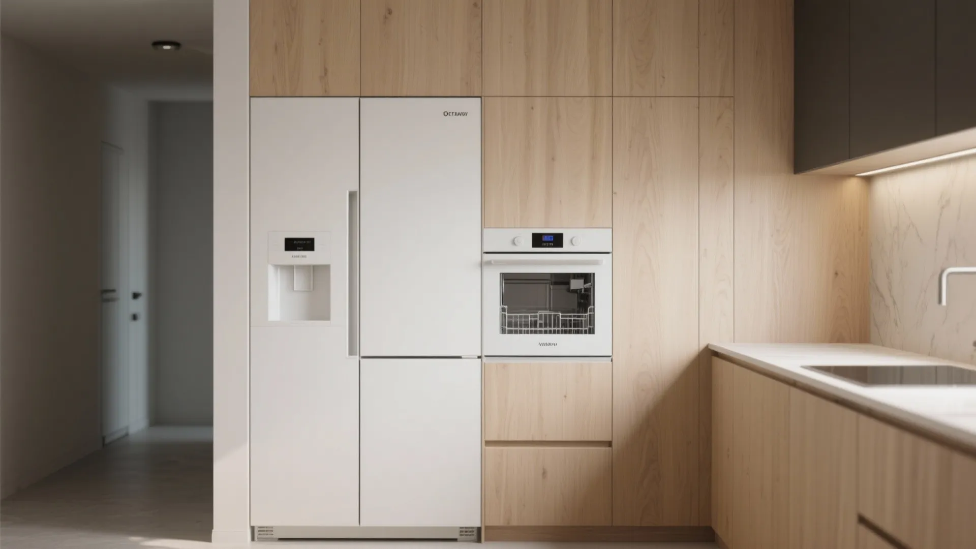 Modern kitchen with white refrigerator and built-in oven integrated into light oak wood wall cabinets