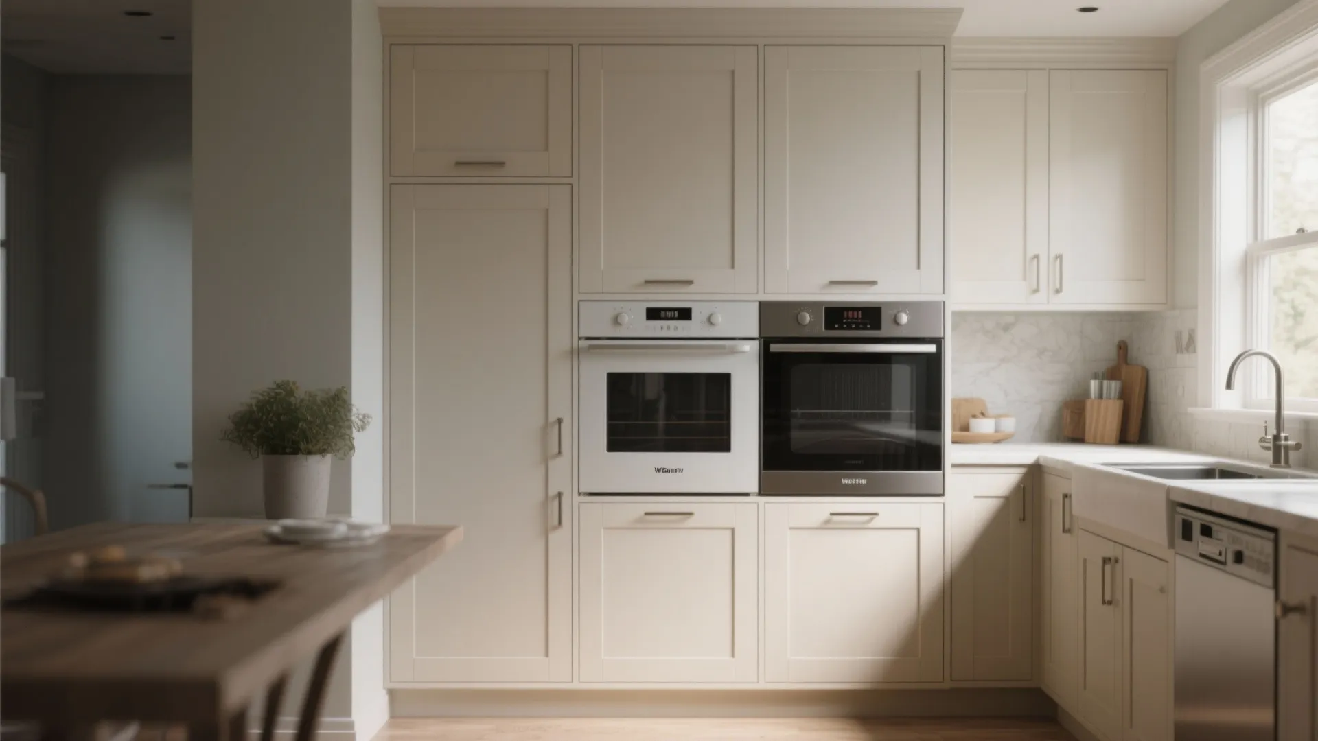 Shaker gray kitchen with integrated appliances concealed behind matching panels