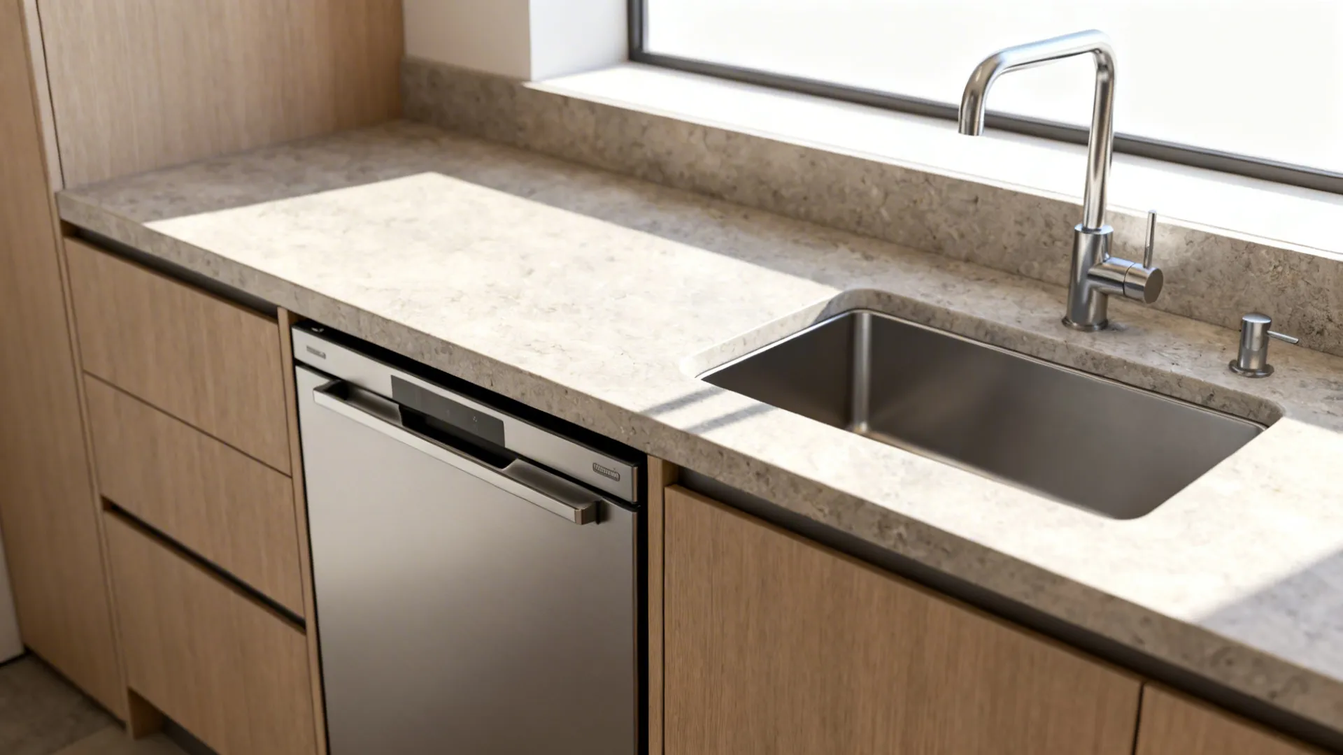 Slim integrated fridge-drawer and narrow undermount sink creating seamless countertop space in a small kitchen.