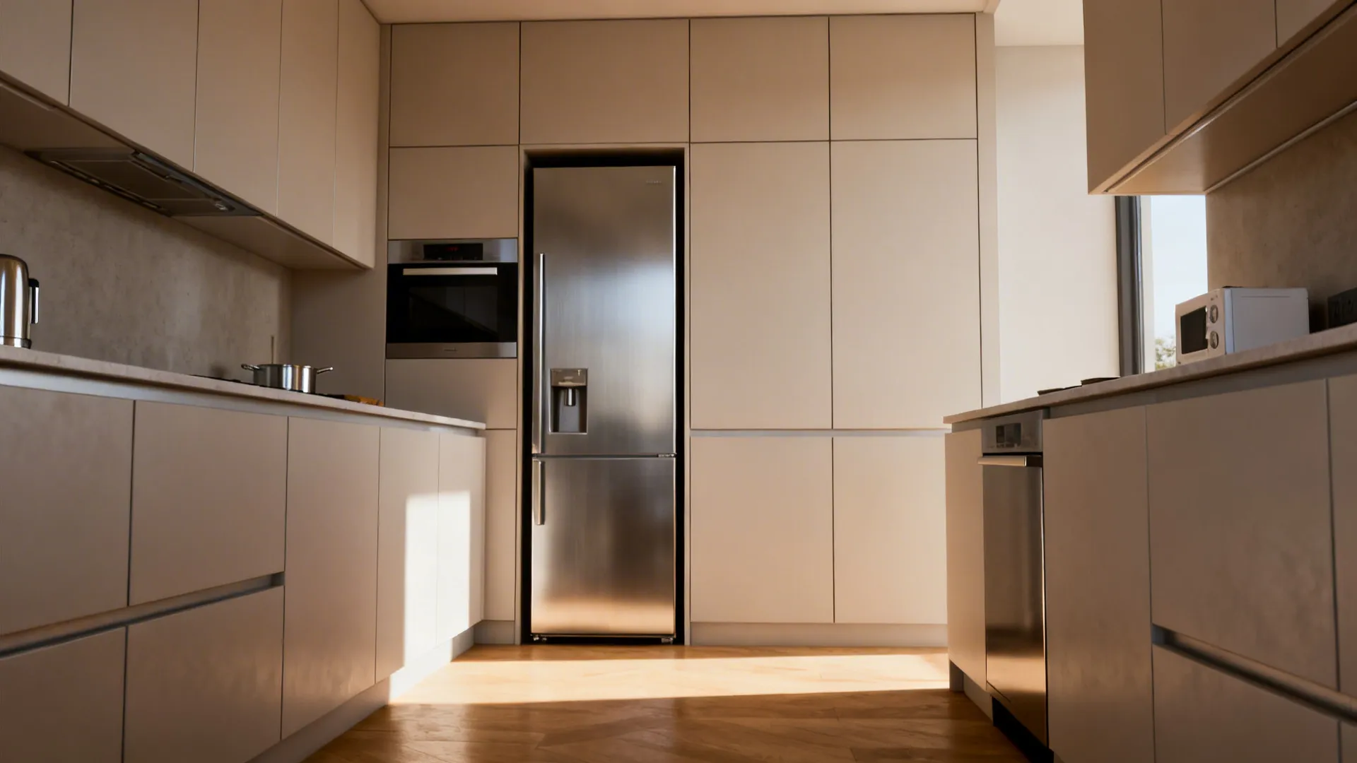 Small kitchen with integrated appliances and a slim-profile refrigerator hidden behind cabinetry