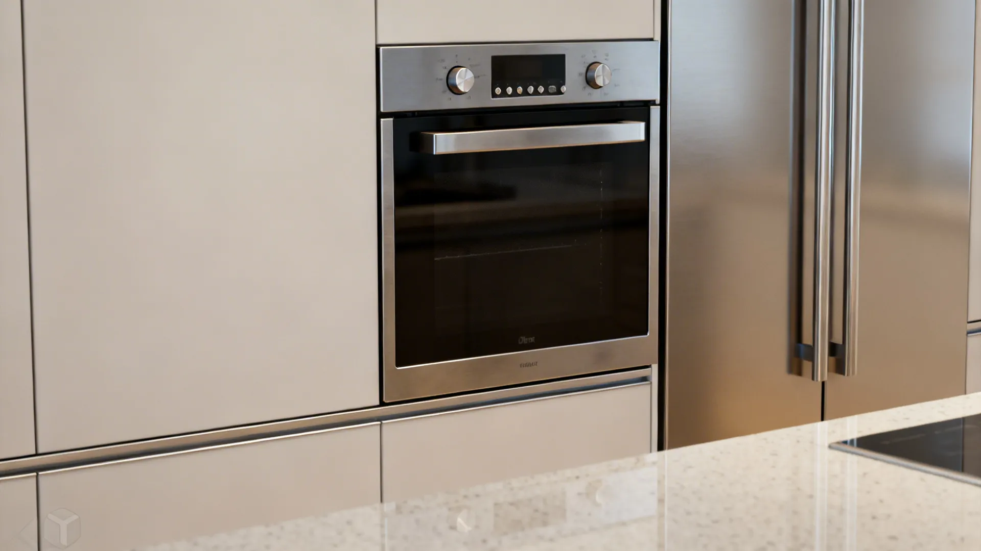 Integrated appliances flush with a thin quartz countertop for a seamless kitchen plane