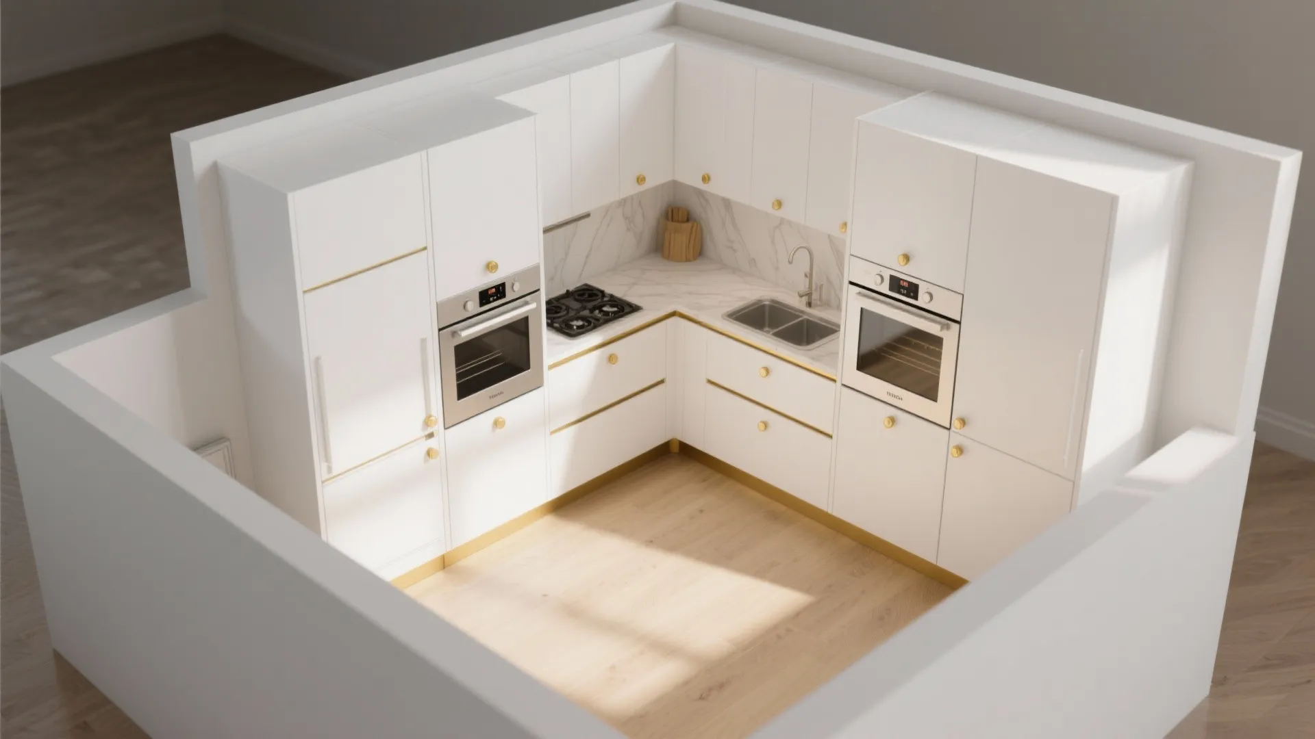 3. Integrated White Appliances with Subtle Gold Trim