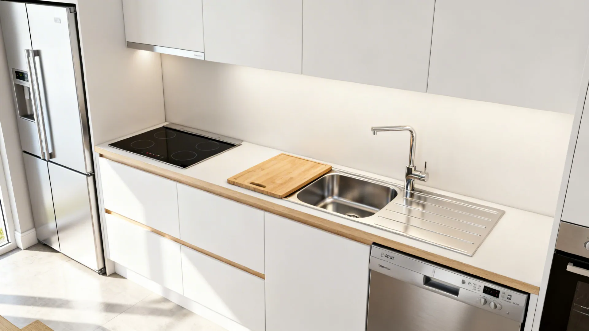 Small UK kitchen with integrated appliances and a sink cover board creating extra workspace.