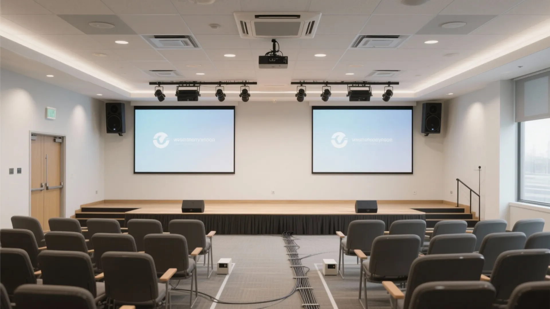 Integrated AV and sightlines: stage, screens, and mic zones