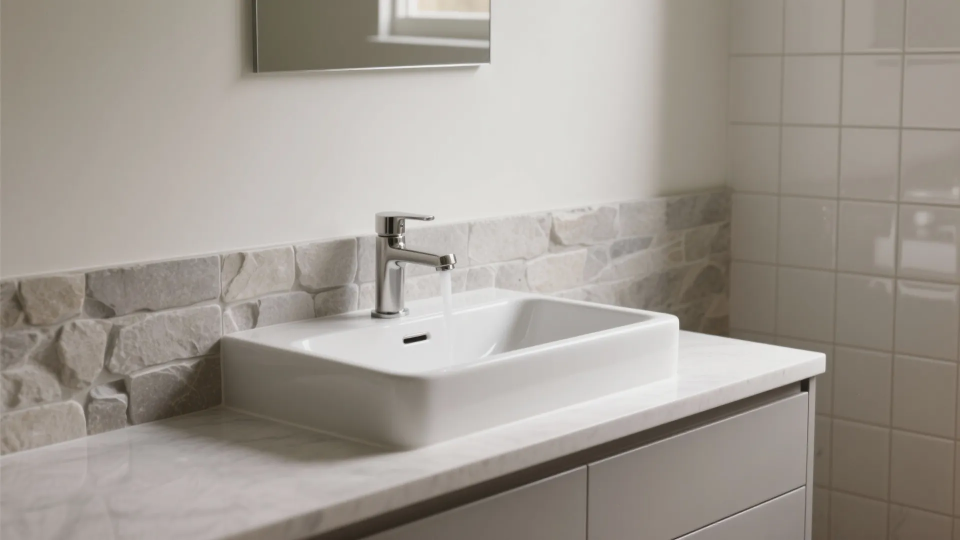 White rectangular bathroom sink with silver faucet on marble counter and decorative stone wall panel