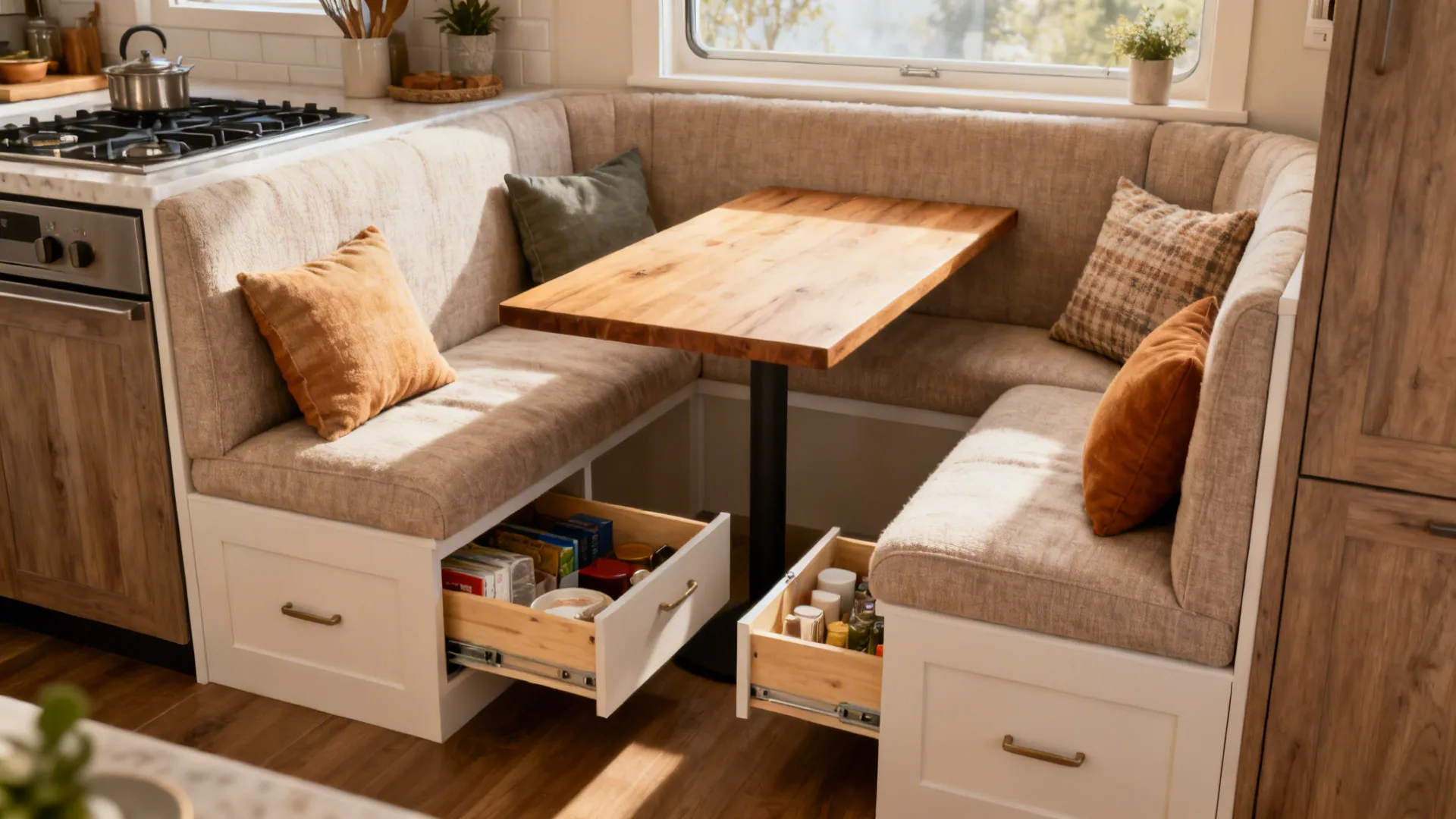 Two-person banquette built into the short leg of an L-shaped kitchen with storage underneath