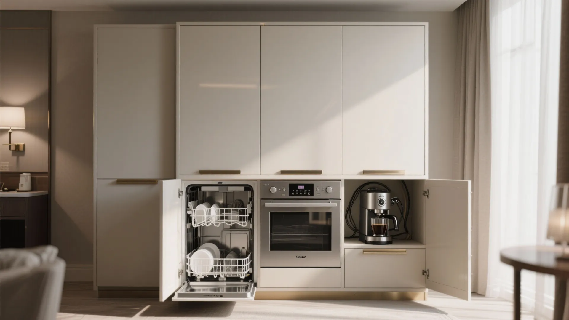 Cream kitchen cabinet featuring an open dishwasher alongside a silver oven and a coffee machine
