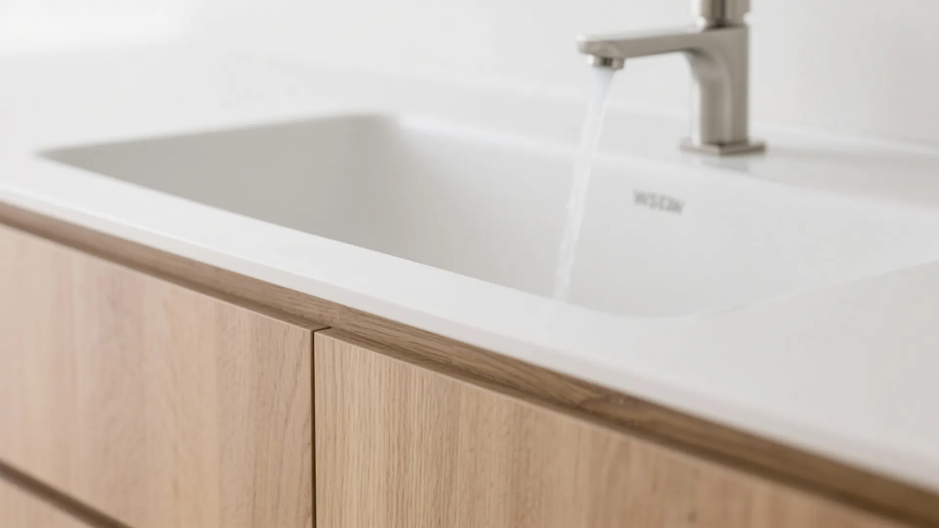 Close up view of white bathroom sink with water flowing from silver faucet on wood