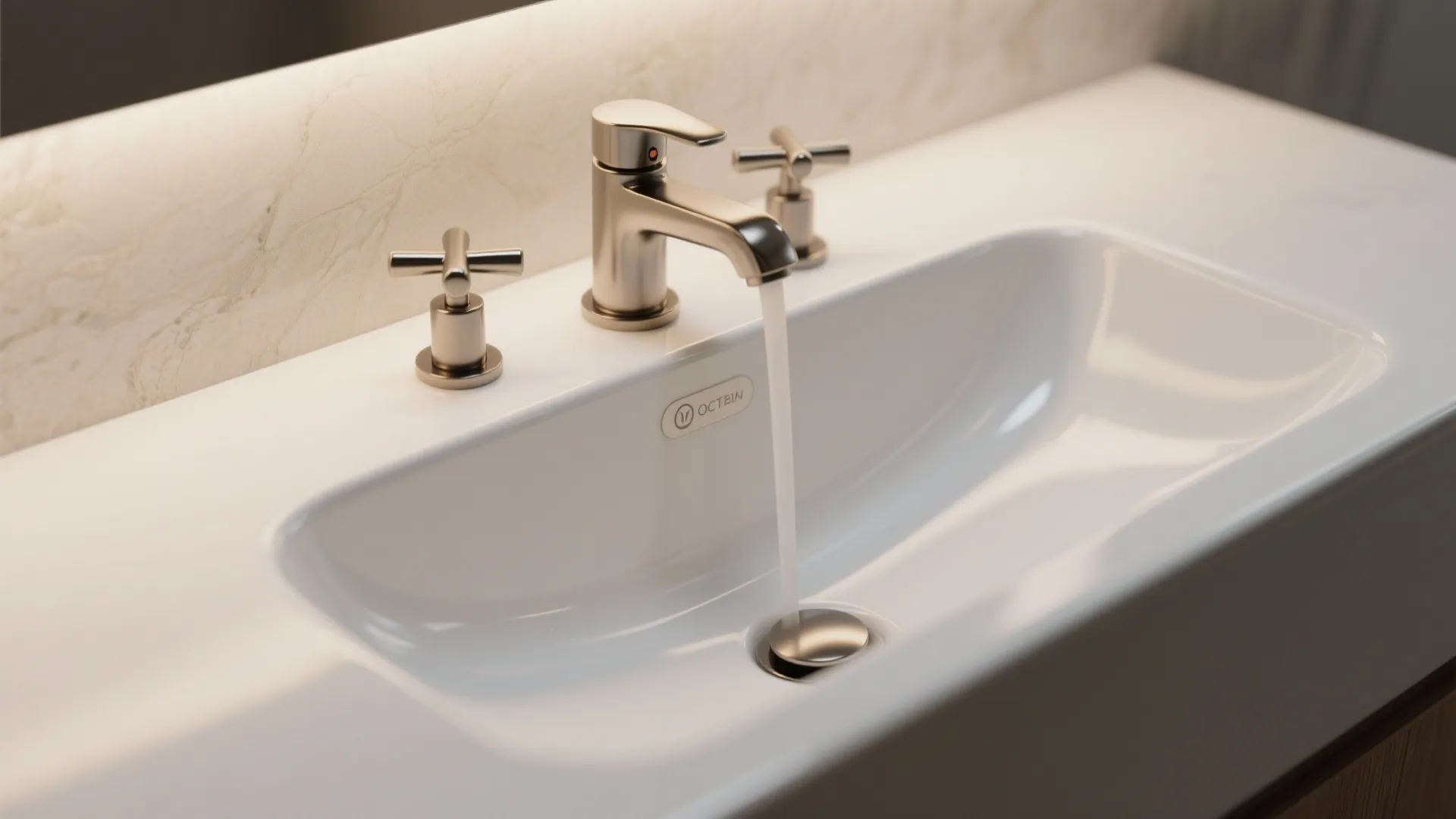 Close-up of an integrated under-mount basin with a three-hole widespread faucet, showing precise alignment.