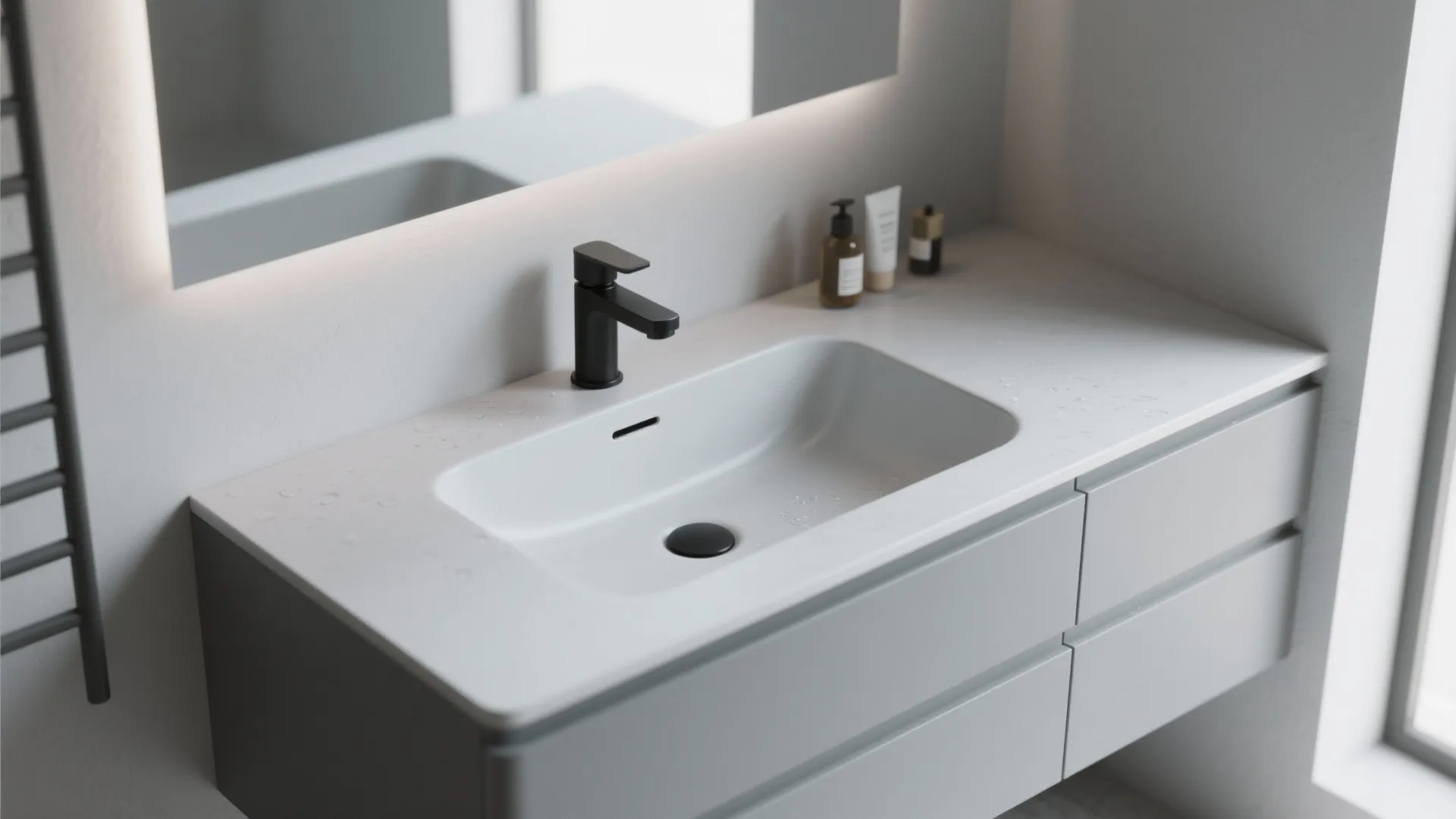 2) Integrated countertop basin with slim side ledges