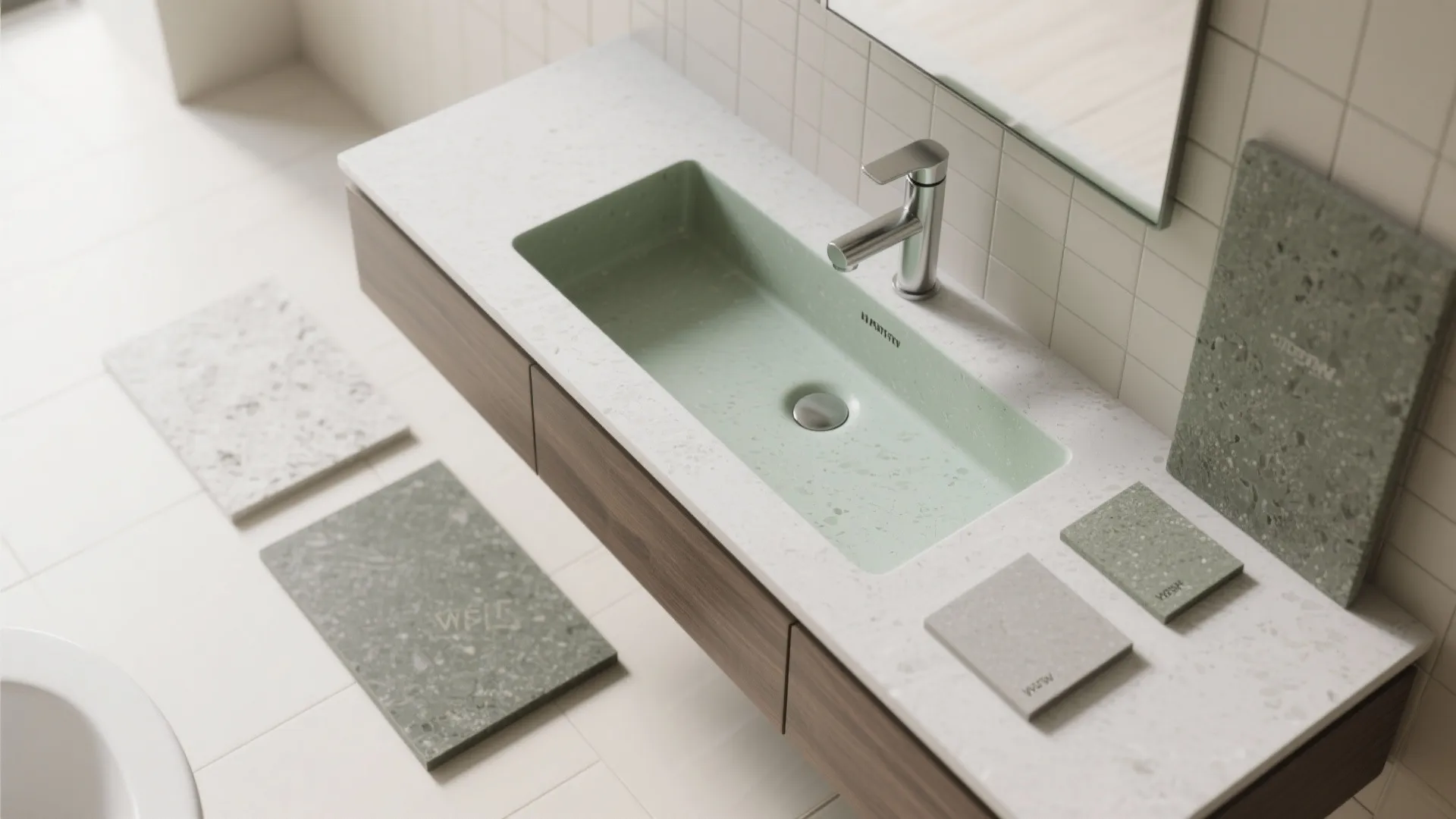 Integrated countertop basins with narrow vanities