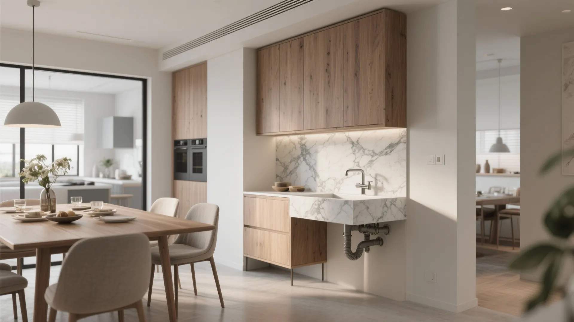 Modern dining area with marble wash basin integrated into wood cabinet and marble wall panel