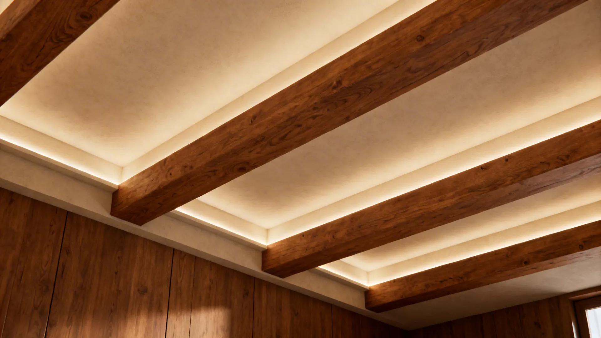 Open-plan living room with shallow faux POP beams and indirect LED lighting creating a cozy layered ceiling.