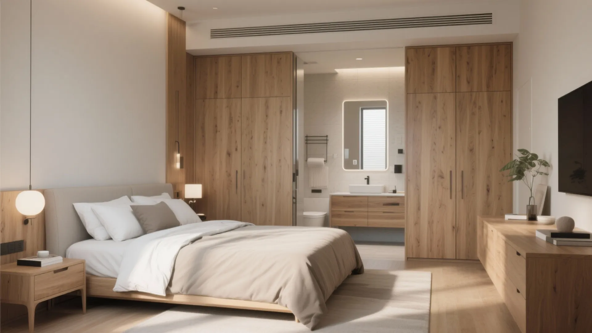 Cozy bedroom with wooden cabinets and bed leading into an integrated bathroom with bright mirror