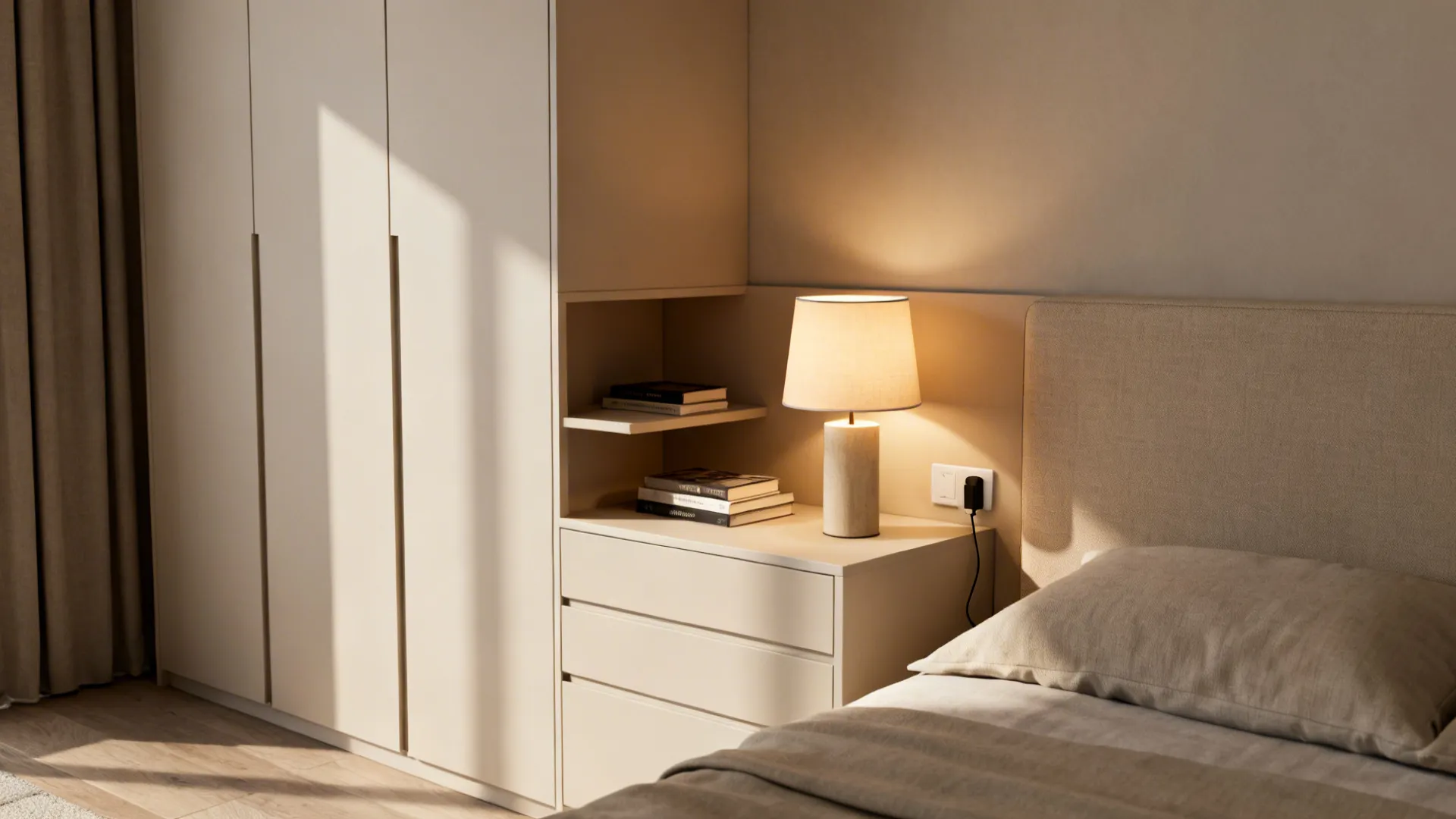 Fitted wardrobe integrated with bedside drawer and open shelf holding a lamp and books, seamless and space-saving.