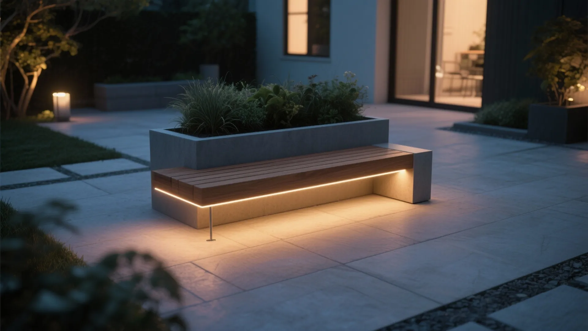 Outdoor wooden bench with built in warm light strip next to a modern stone planter
