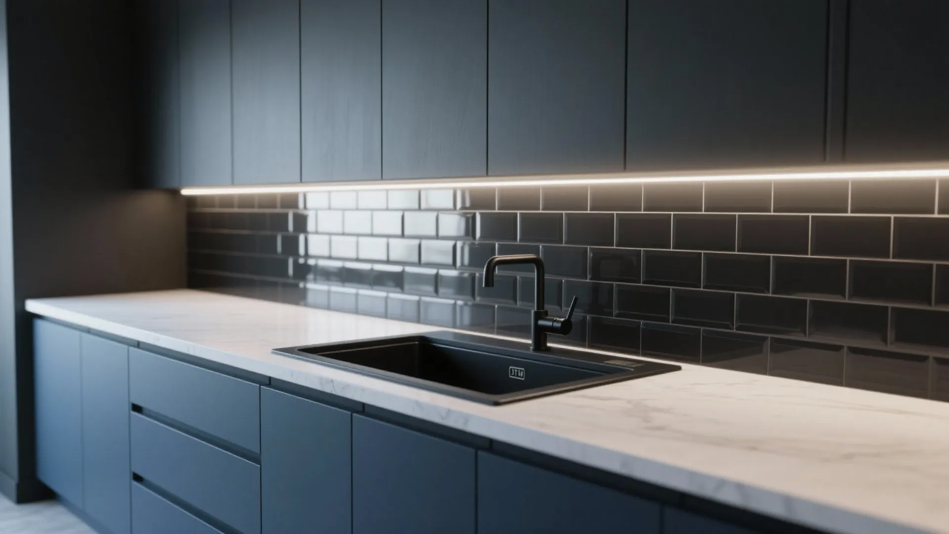 Modern kitchen with black cabinets white marble countertop black sink and hidden warm light strip