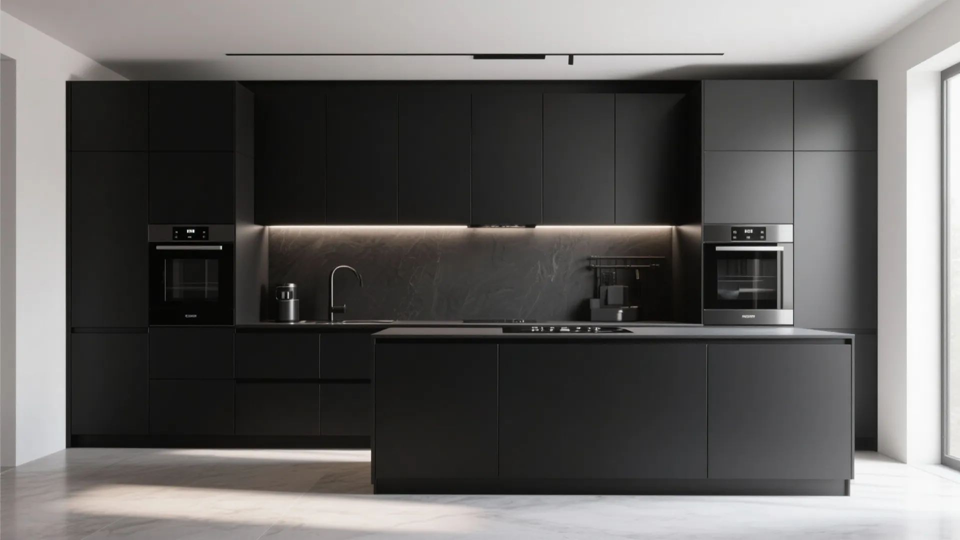 Black cabinets with integrated black appliances