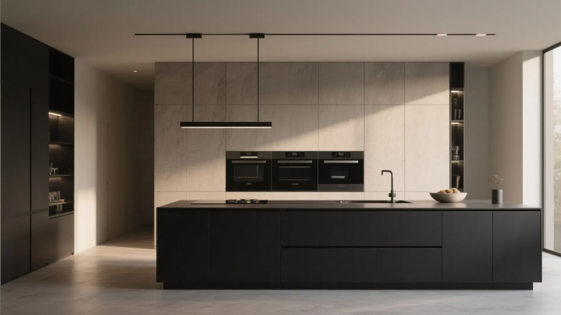 Modern kitchen with large black island three built in ovens and a black light fixture