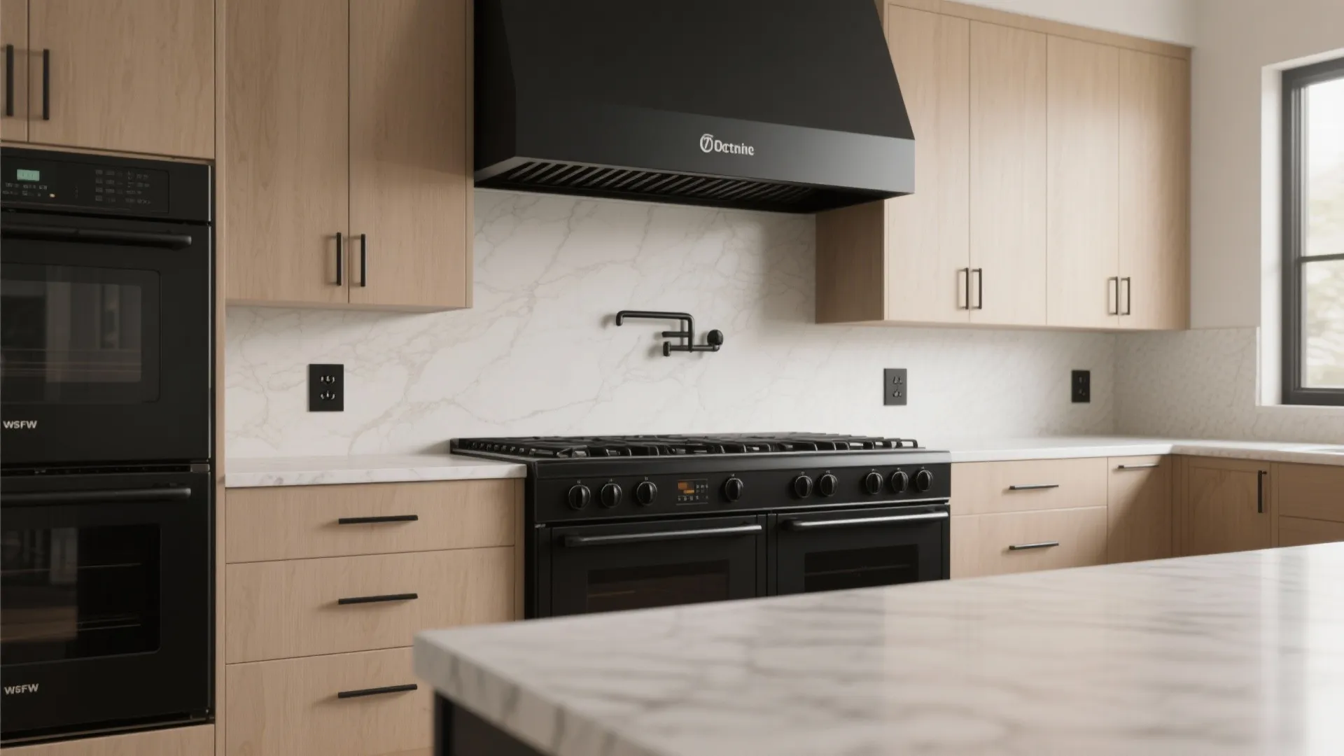 Contemporary kitchen with light wood cabinets black stove range hood and white marble wall panel