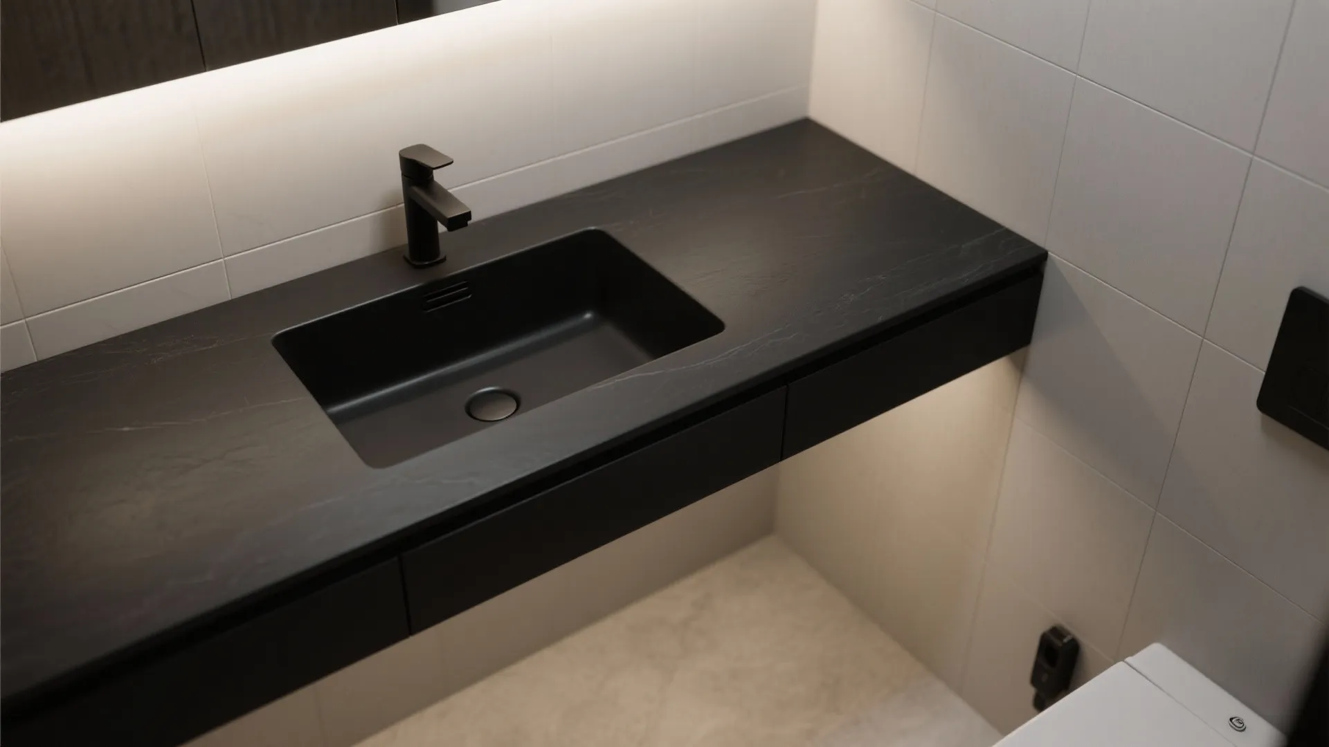 3. Black vanity with integrated sink for seamless style
