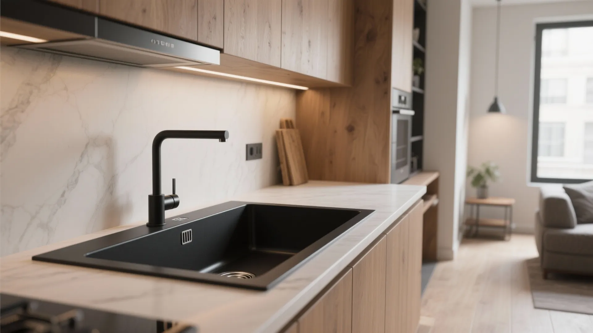 2. Integrated black sink and countertop for minimalism