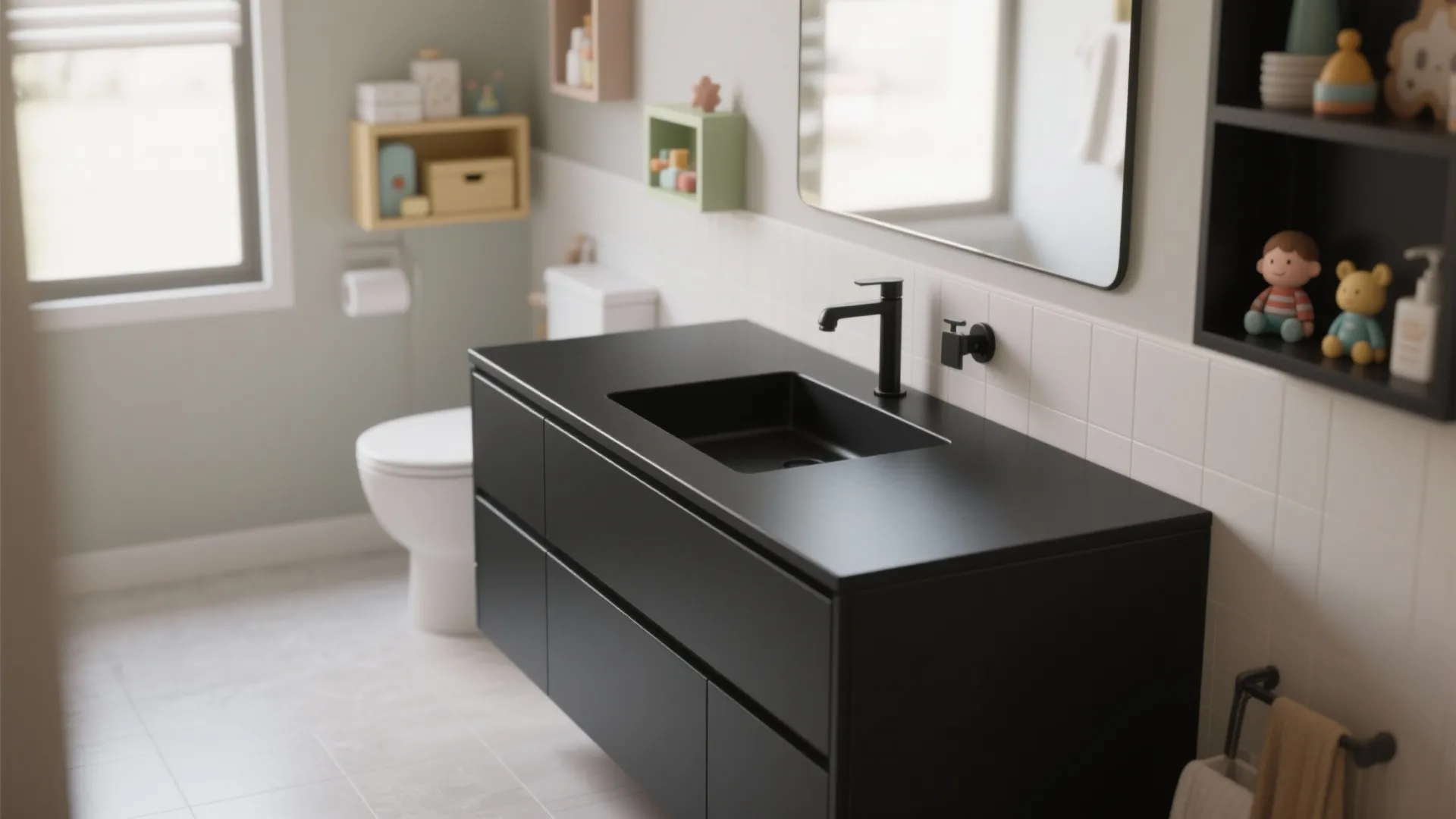 4. Integrated black countertop sink for seamless look