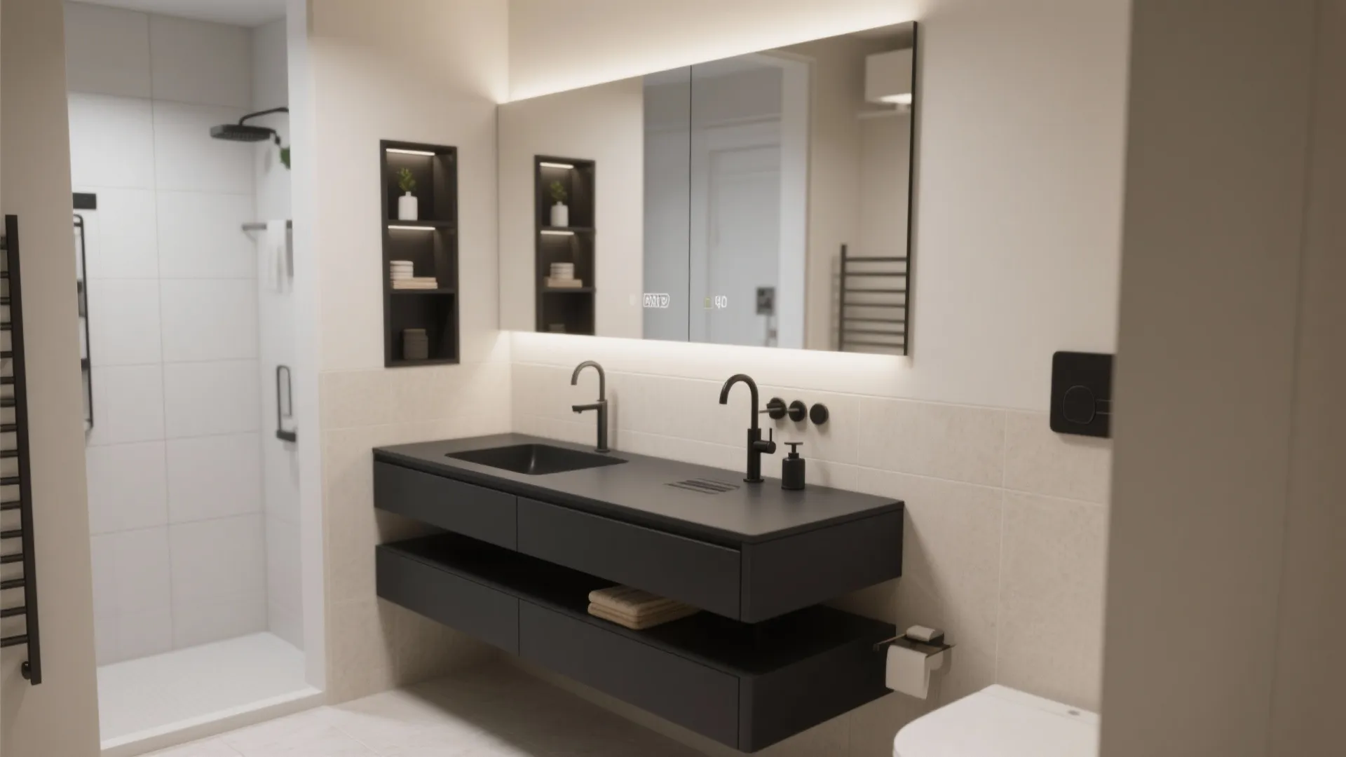 2. Integrated Black Vanity Top for Seamless Cleaning