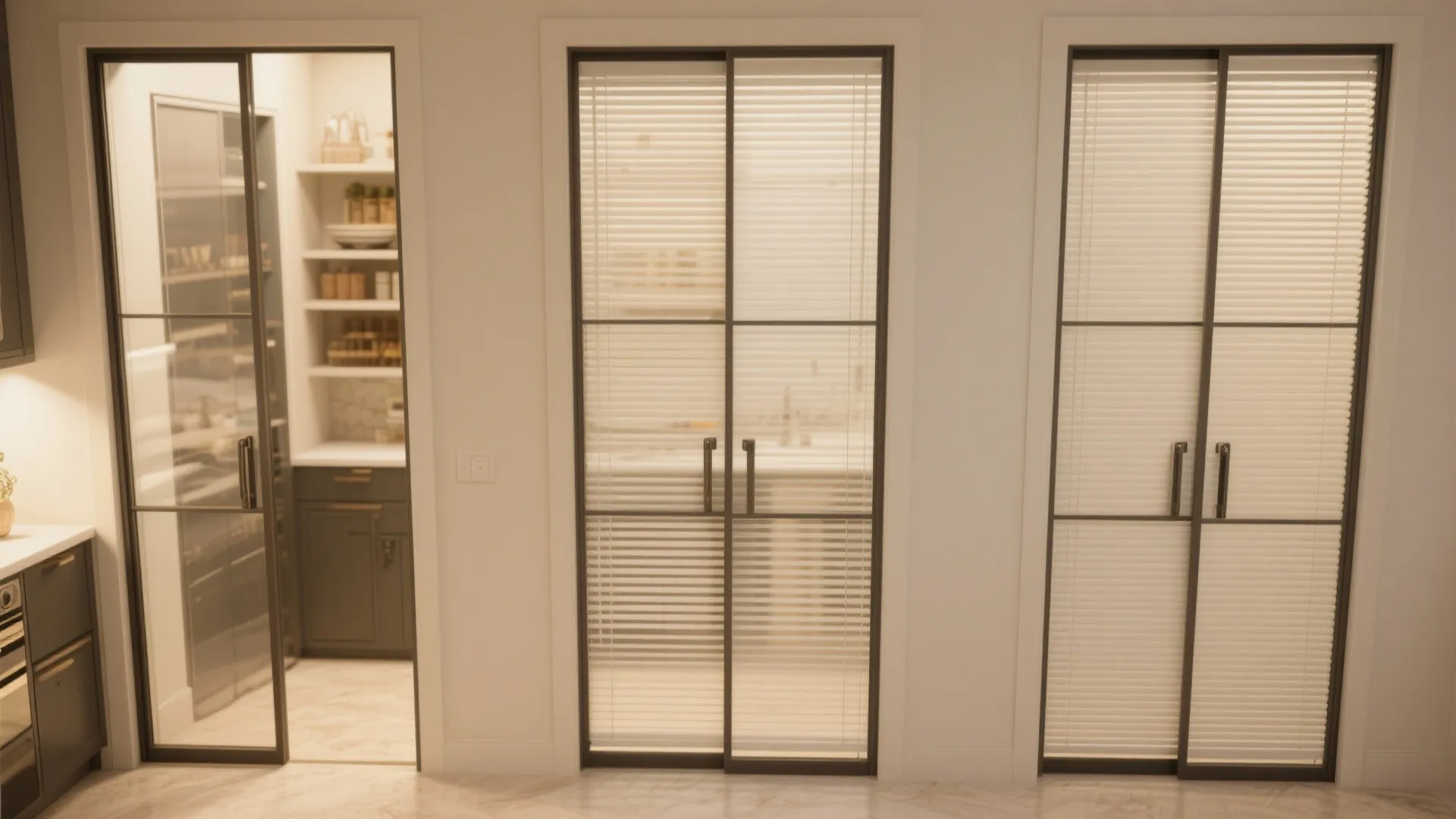 Three glass doors with black frames showing one open kitchen view and two with blinds