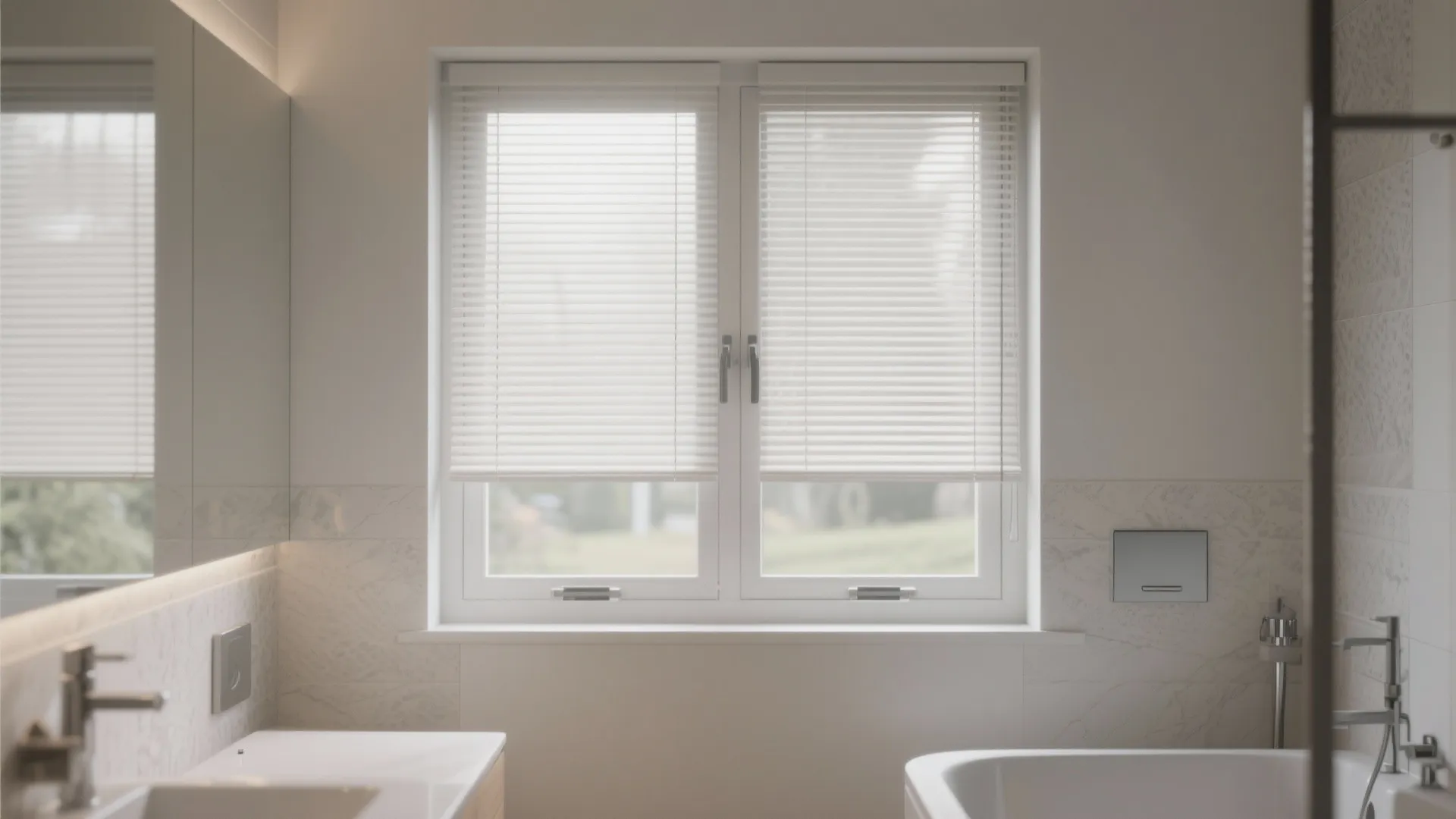 Modern white bathroom window with integrated horizontal blinds above a white sink and large luxury bathtub
