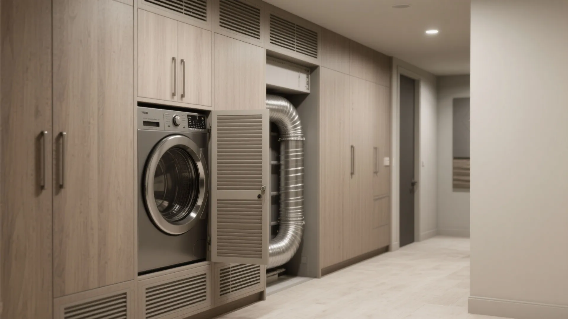 Modern laundry room featuring wooden cabinets with washing machine and integrated silver air vent pipe system