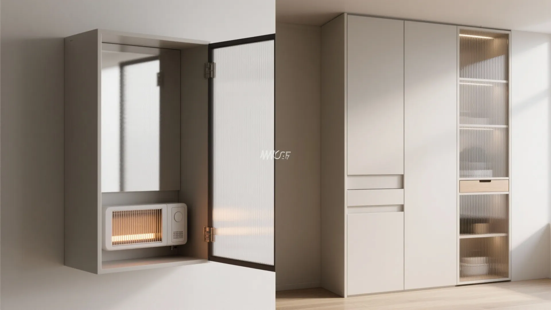 Modern white wall cabinet with glass doors showing an indoor heater and organized storage shelves