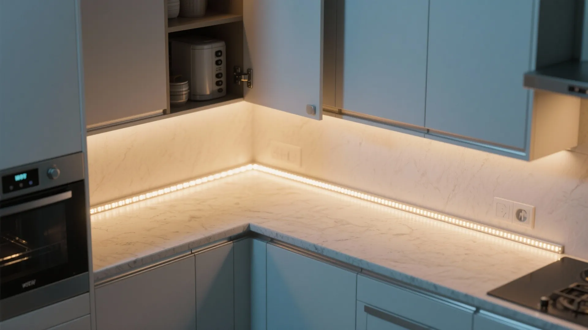 Modern kitchen with white cabinets, marble countertop, and warm LED strip lighting installed under cabinets
