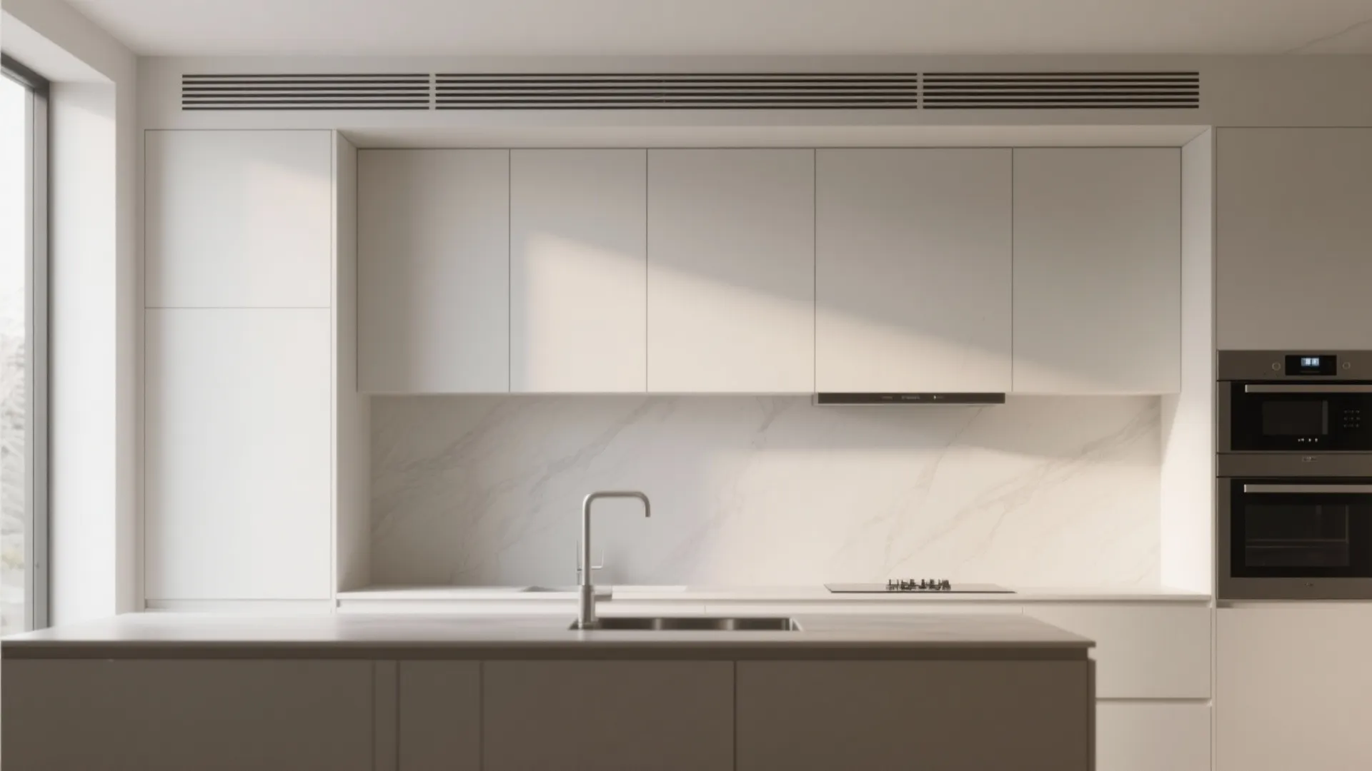 Minimalist white kitchen design featuring hidden cabinets marble wall sink and black built in ovens