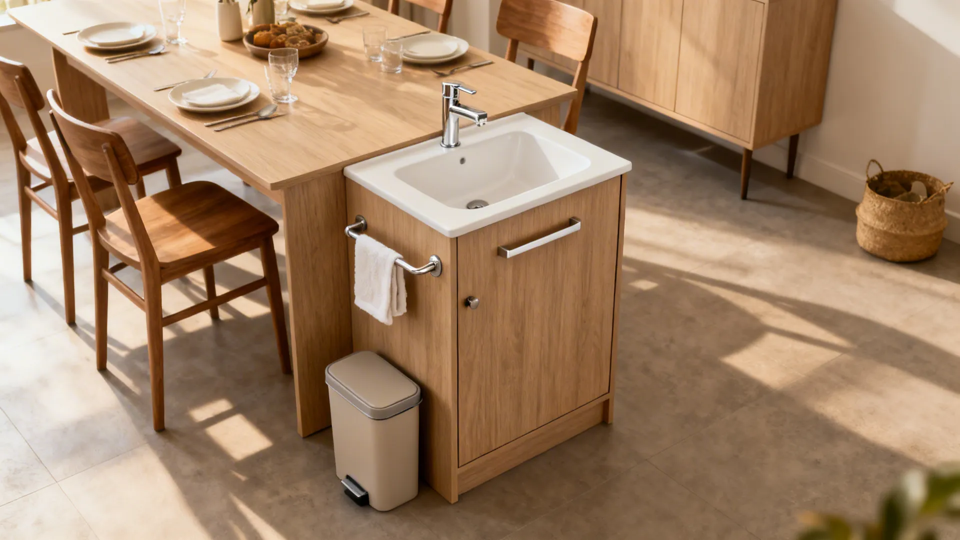 Dining room cabinet with an integrated basin, pull-out towel rail, and small waste bin, matching wood veneer.