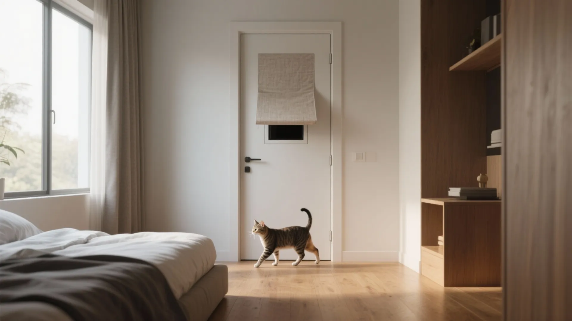 Modern white bedroom door with a small pet opening and a cat walking nearby inside