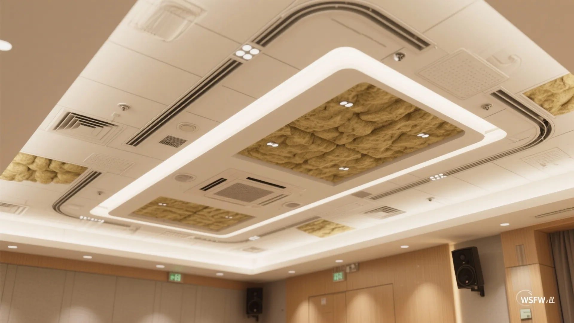 Modern ceiling with built in lighting vents and textured panels in a large meeting room